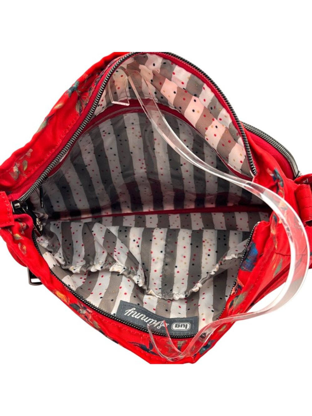 Lug Shimmy Crossbody Bag Adjustable Strap Red Floral Quilted Polyester Key Strap - Picture 9 of 16